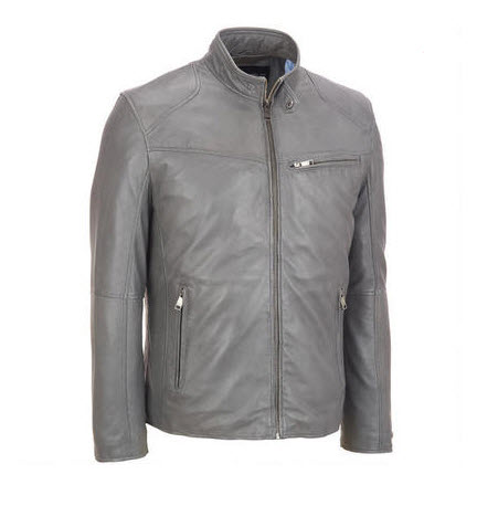Grey Stand Up Leather Jacket