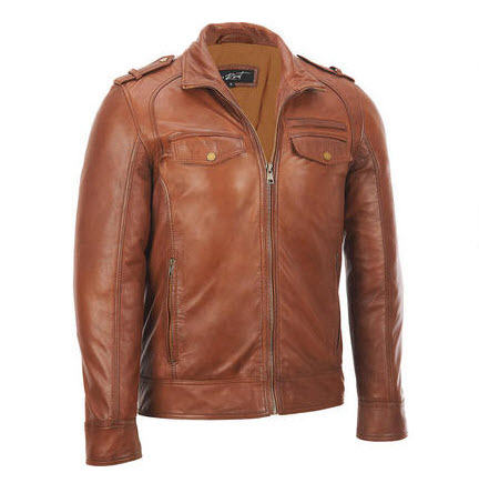 Banded Bottom Military Leather Jacket