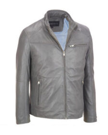 Grey Stand Up Leather Jacket