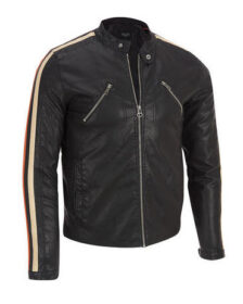 Stripe Sleeves Black Leather Jacket